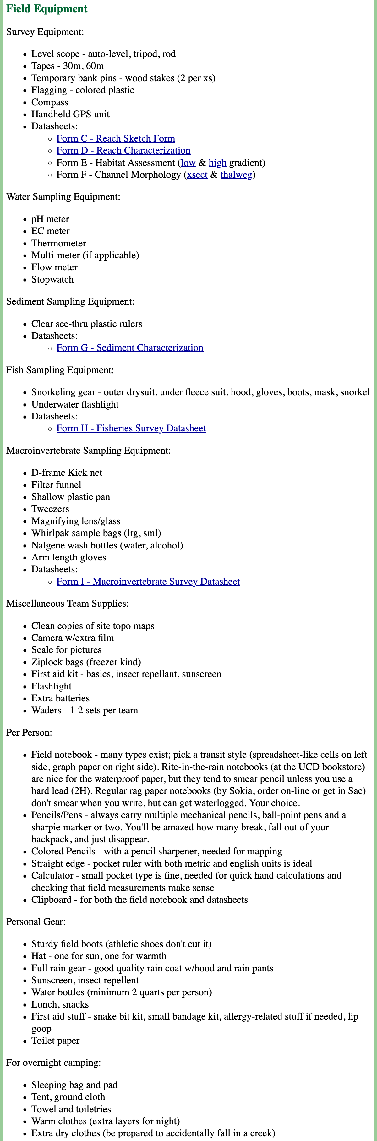 Equipment List for the Scott River