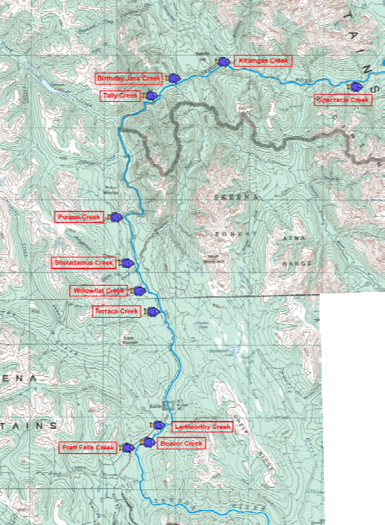 Figure 2. 1:250K scale topographic map of the Skeena River between the Squingula and Babine Rivers. Locations of the eleven study tributaries are depicted.