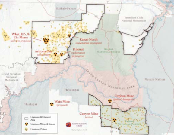 Locations of uranium claims and mines in the Northern Arizona region.