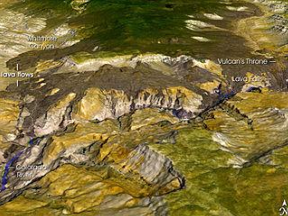 Figure 2. The Uinkaret volcanic field, showing lava flows into the Grand Canyon. (Photo by NASA/GSFC/MITI/ERSDAC/JAROS, and the U.S./Japan ASTER Science Team - http://www.nasa.gov/multimedia/imagegallery/image_feature_788.html)
