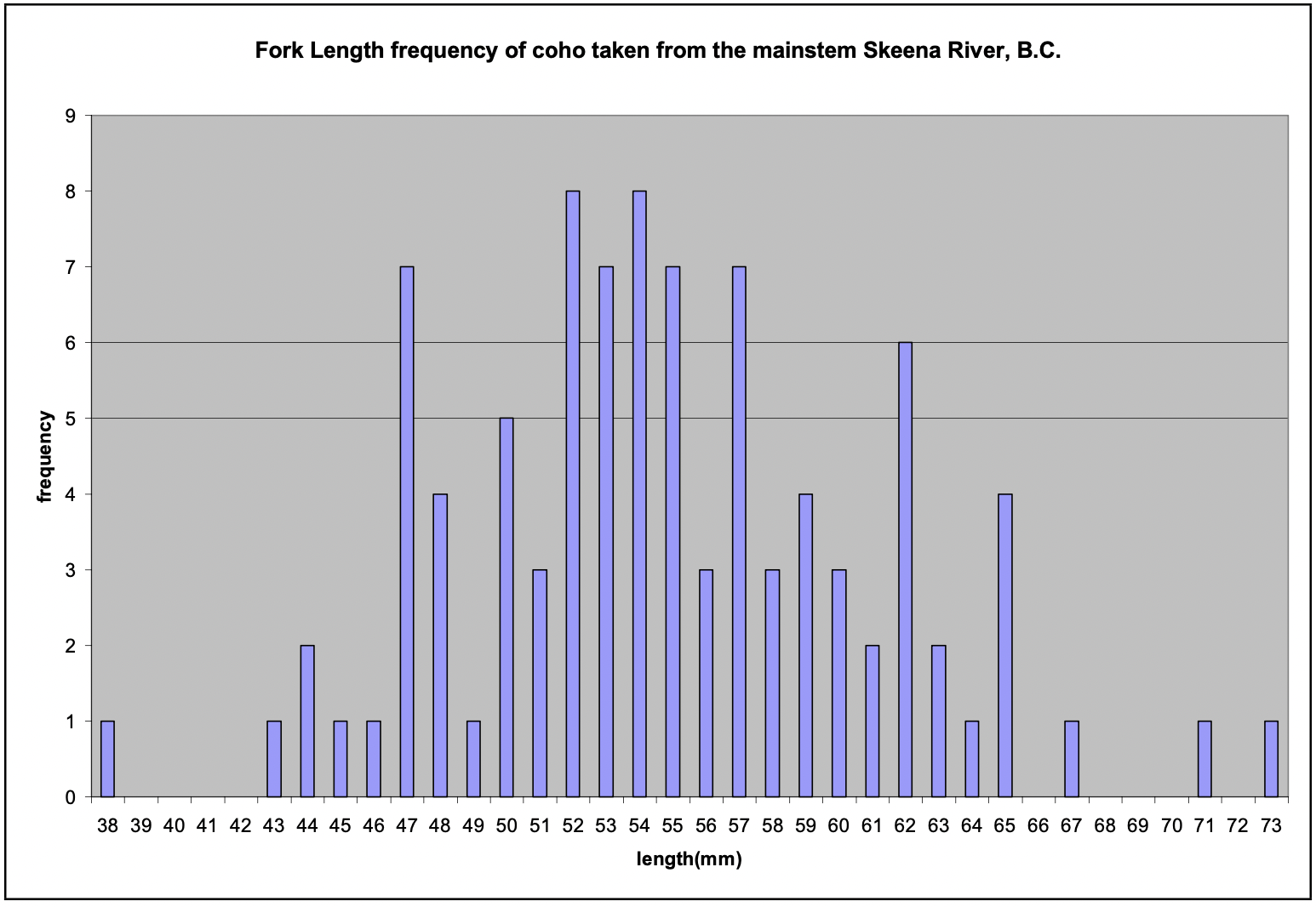 Figure 11. Fork length frequencies of coho salmon taken from various locations in the mainstem of the Skeena River, B.C. sampled between August 2nd and August 13th 2004.