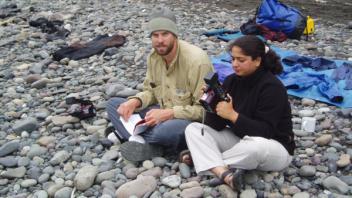 Chris and Shruti working with the not-so waterproof laser level