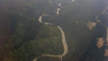 Large river with some evidence of timber harvesting and roadways